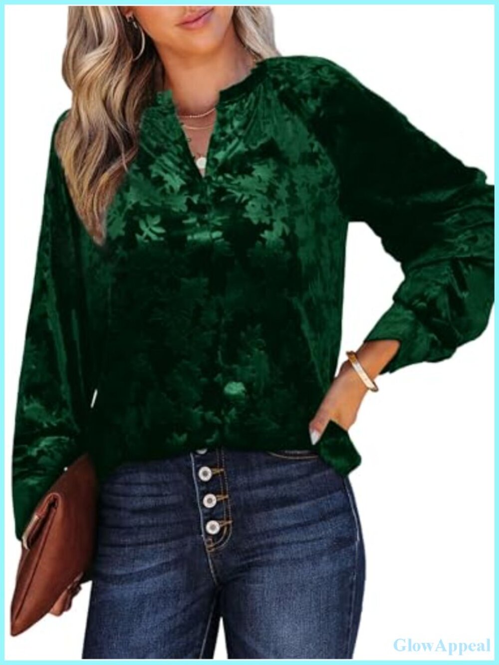Velvet Long Sleeve Button Down Blouse Pearl Buttons Bell Sleeve Tunic